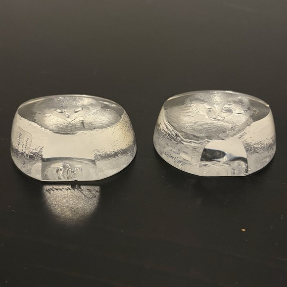 Two Signed Mats Jonasson Full Lead Crystal Owl Paperweights Sweden Home Decor - Picture 3 of 7